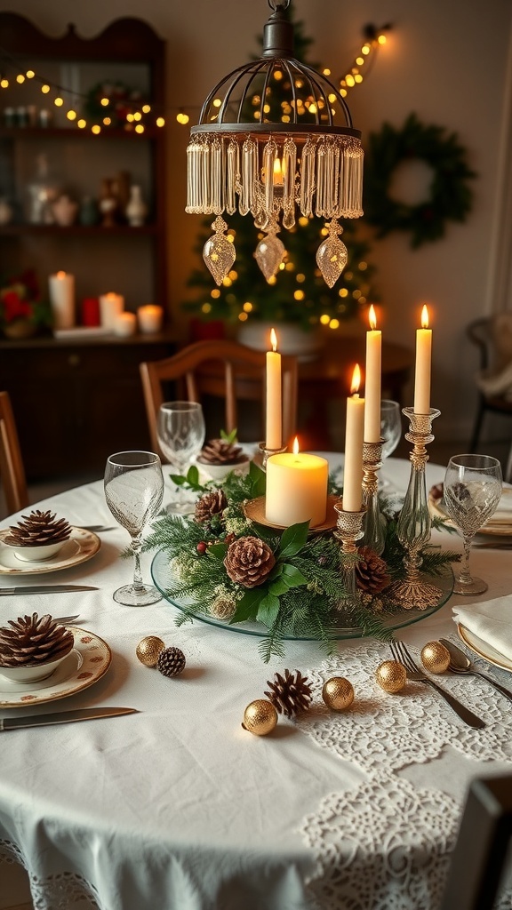 Vintage Christmas Table Settings for Dinner Parties A vintage Christmas dinner table setting with lace tablecloth, mismatched china, candles, and festive decorations.